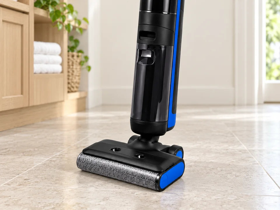 Clean PowerMop Pro roller on a tiled utility-room floor after cleanup