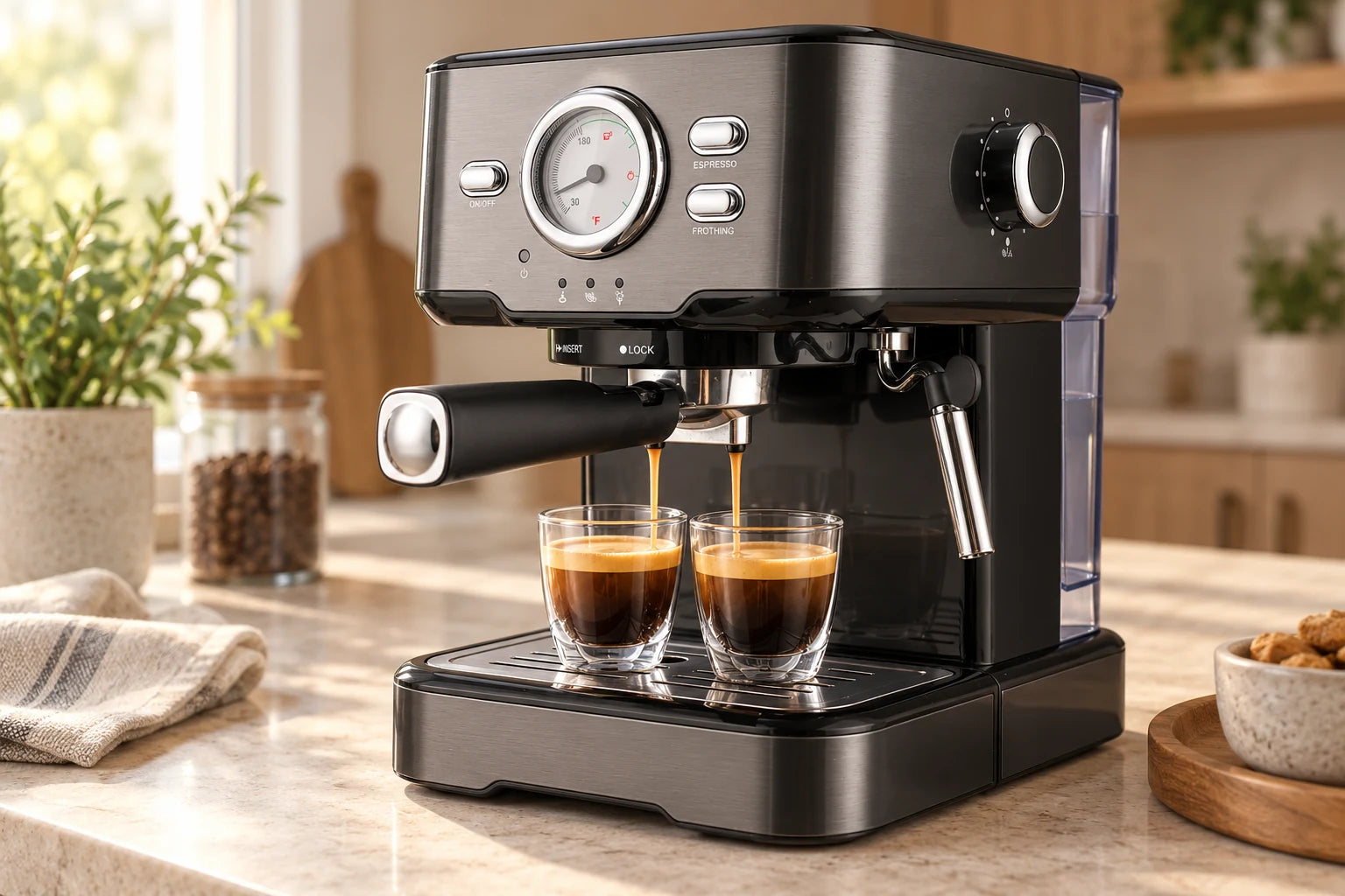 Sirena Prestige brewing espresso into two glasses