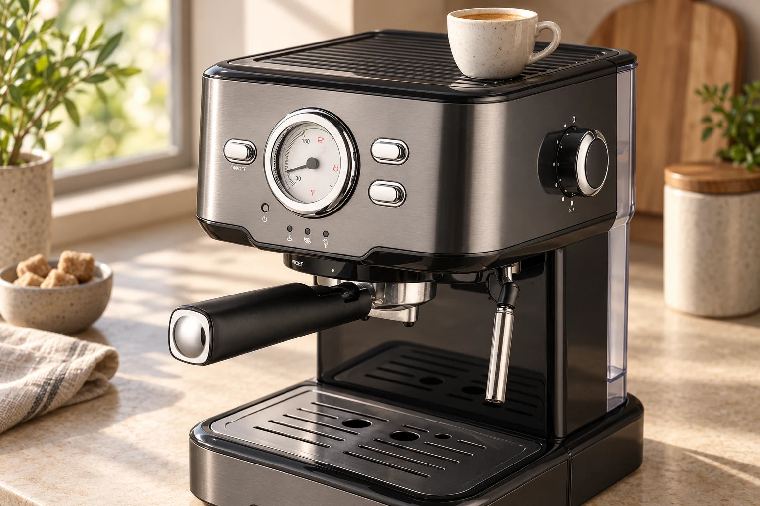 Close view of the Sirena Prestige temperature dial, cup warmer and controls