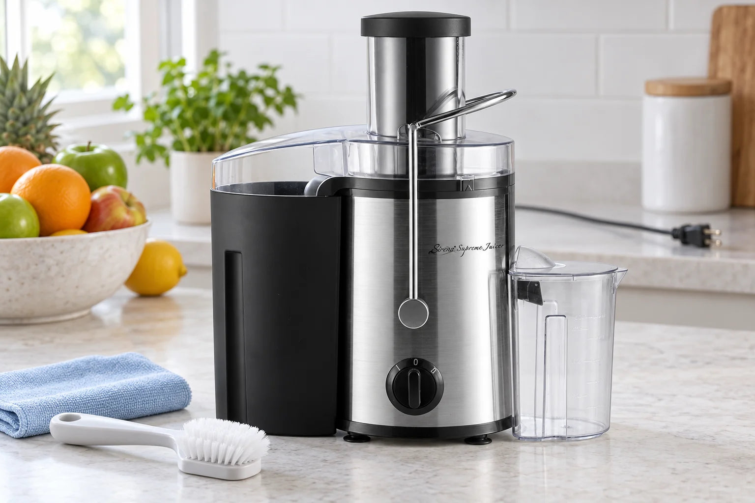 Unplugged Sirena Supreme Juicer with a cleaning cloth and soft brush