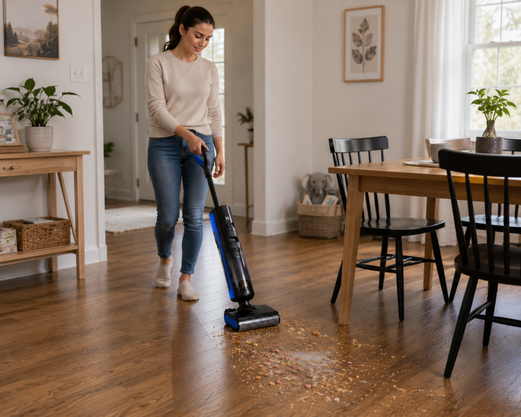 Sirena PowerMop Pro cleaning everyday debris on a sealed wood floor at home