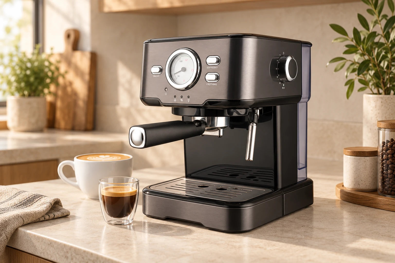 Sirena Prestige Espresso Machine with espresso and a milk drink on a kitchen counter