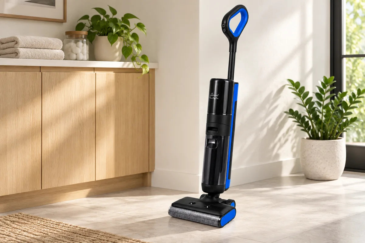 Sirena PowerMop Pro neatly stored in a bright home utility room