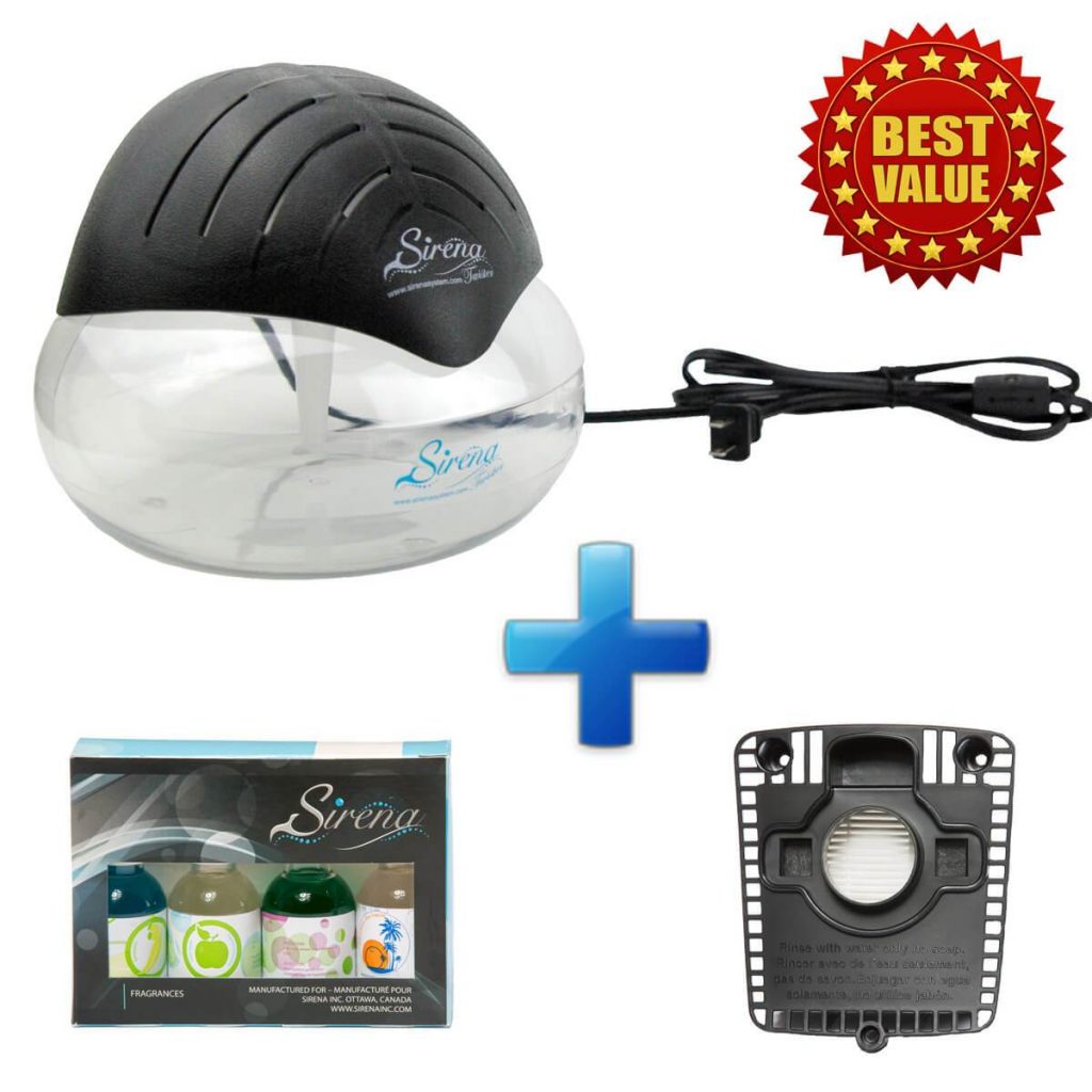 Sirena Twister (Black) + Sirena Fragrance Pack + Replacement HEPA Filter (BUNDLE) package contents