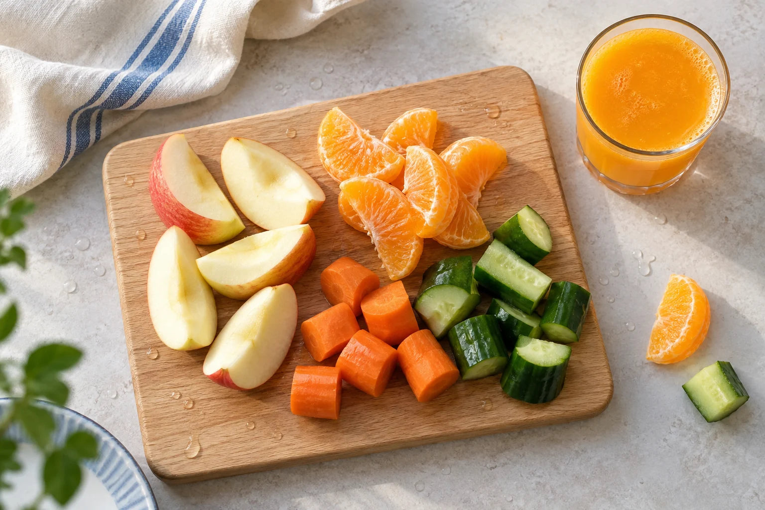 Prepared apple, orange, carrot and cucumber pieces beside fresh juice