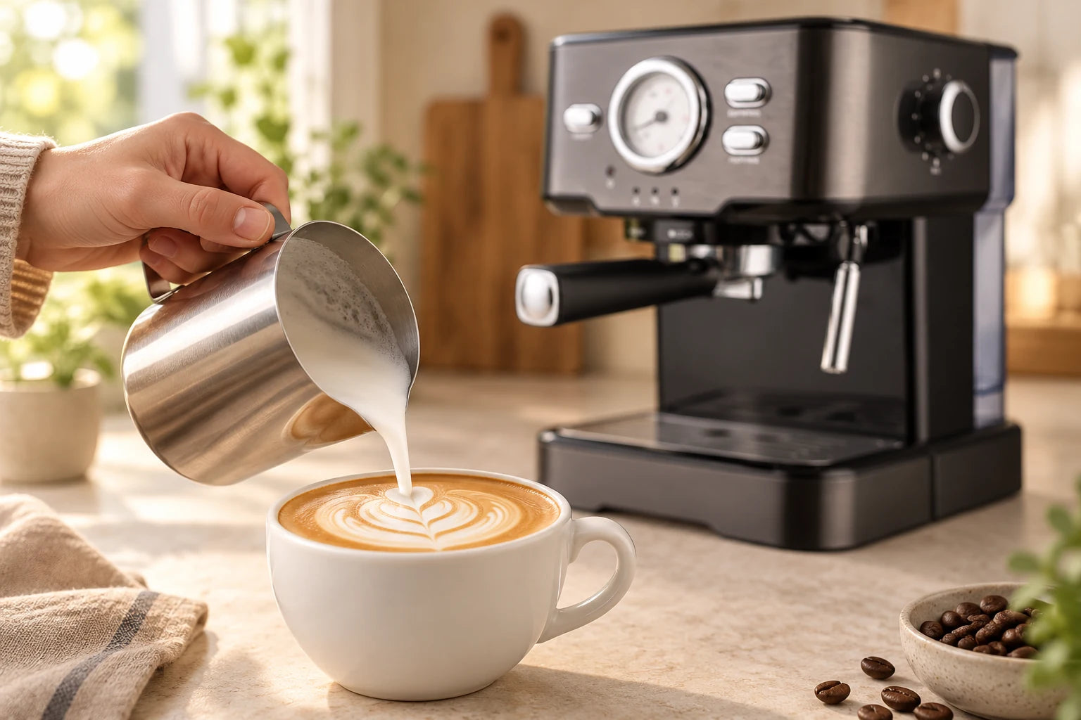 Pouring frothed milk into espresso to finish a cappuccino
