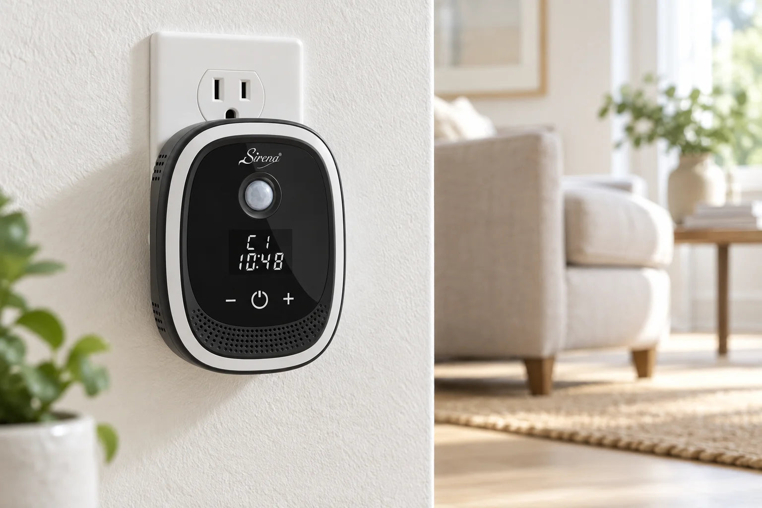 Sirena Air Ionizer plugged into a wall outlet in a bright living room