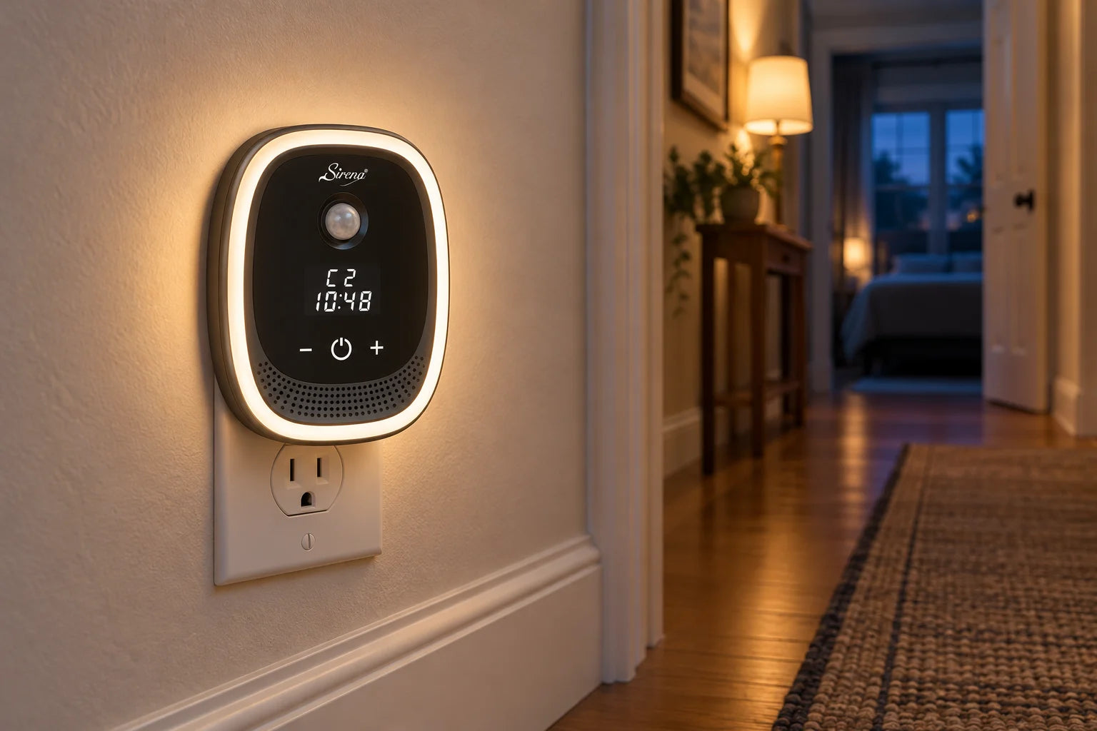 Sirena Air Ionizer with its warm-white night light in a hallway